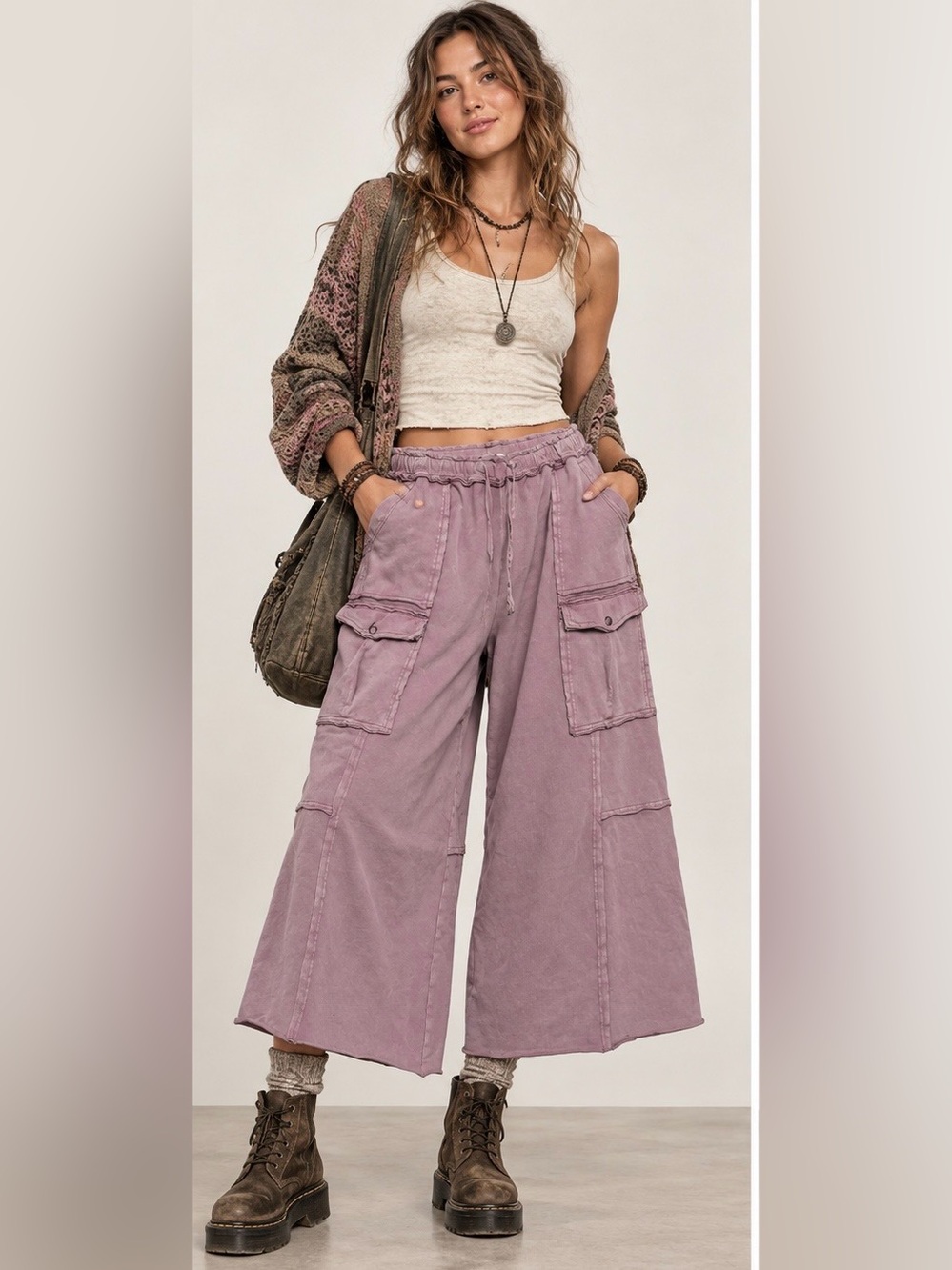 easel Wide-Leg Cargo Utility Boho Fairy Grunge Goblincore Dusty Rose Pants Large